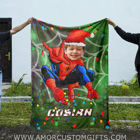 Blankets Personalized Superhero Spider Boy Xmas Blanket | Custom Face & Name Superhero Boy Blanket