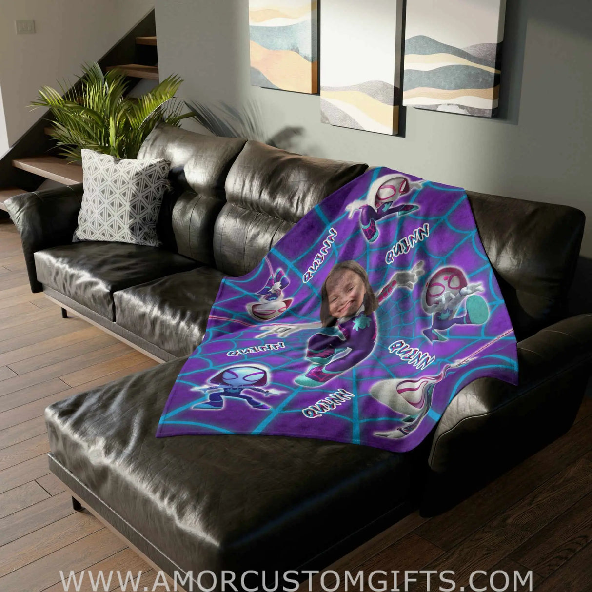 Blankets Personalized Superhero Spider Gwen Purple Girl Blanket | Custom Face & Name Lady Superhero Blanket