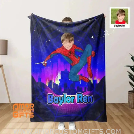 Blankets Personalized Superhero Spider Man Blanket, Custom Face & Name Spider Man Blanket