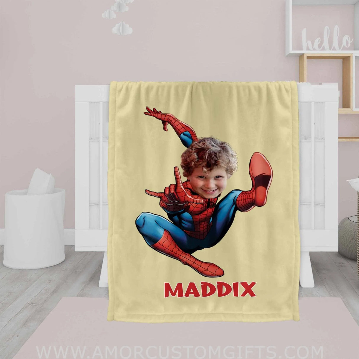 Blankets Personalized Superhero Spider Painting Yellow Boy Blanket | Custom Face & Name Blanket For Boys