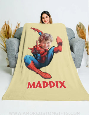 Blankets Personalized Superhero Spider Painting Yellow Boy Blanket | Custom Face & Name Blanket For Boys