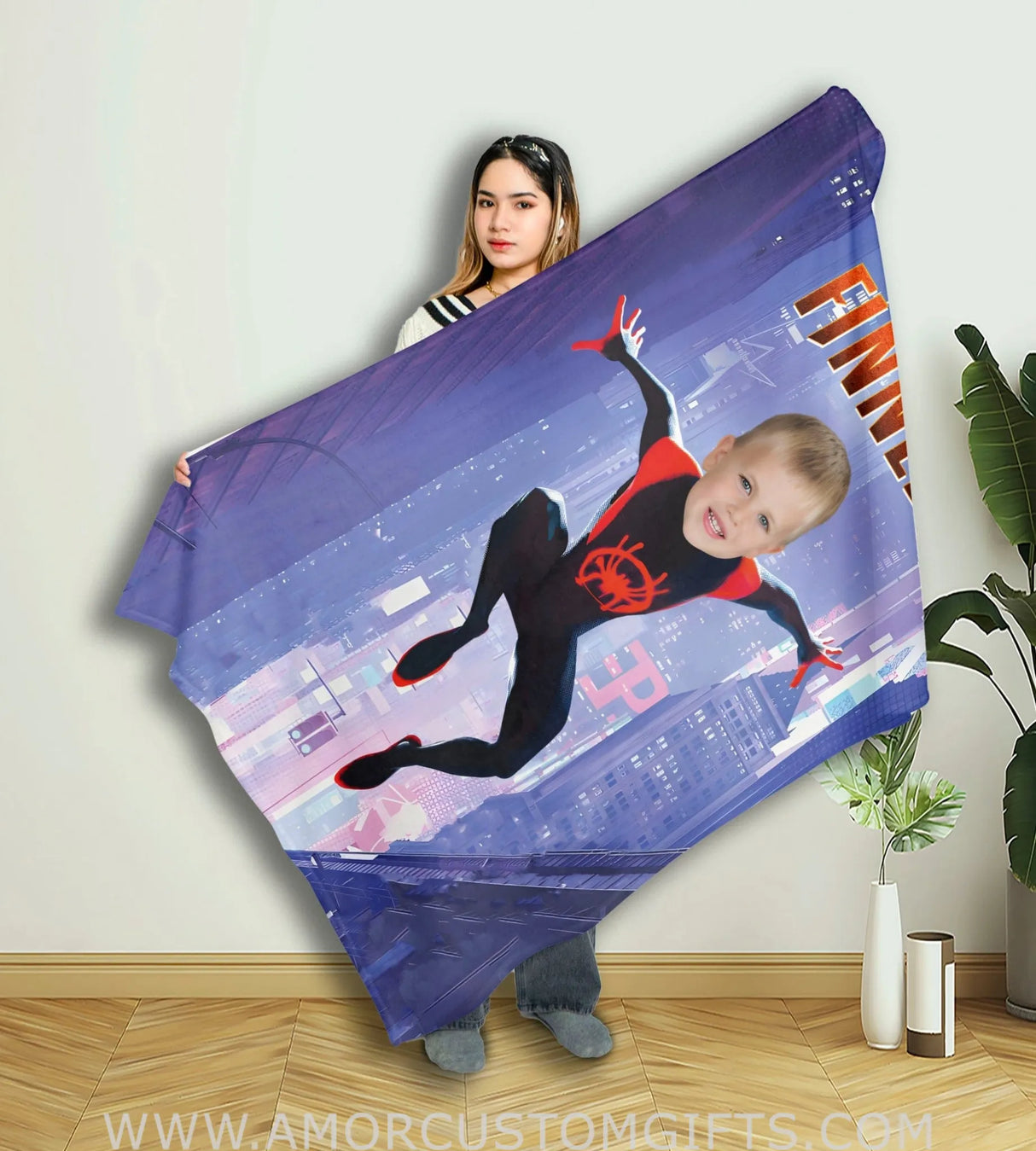 Blankets Personalized Superhero Spider Spin Miles In Violet City Blanket | Custom Face & Name Superhero Boy Blanket