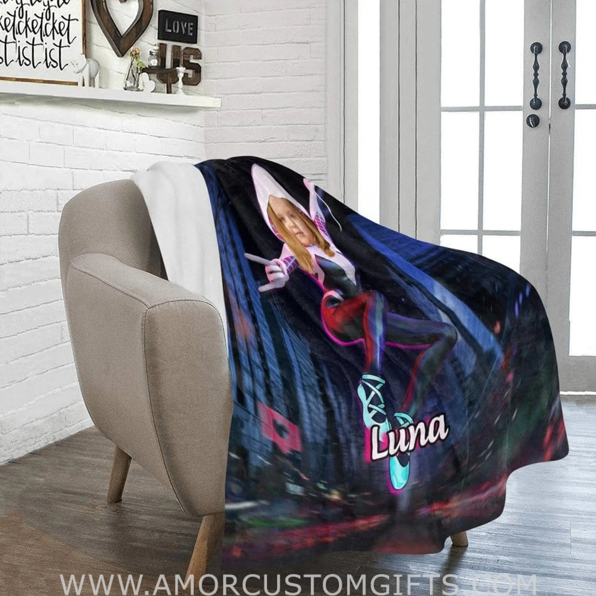 Blankets Personalized Superhero Spidey Girl Blanket | Custom Face & Name Girl Ghost Gwen Spidey Blanket