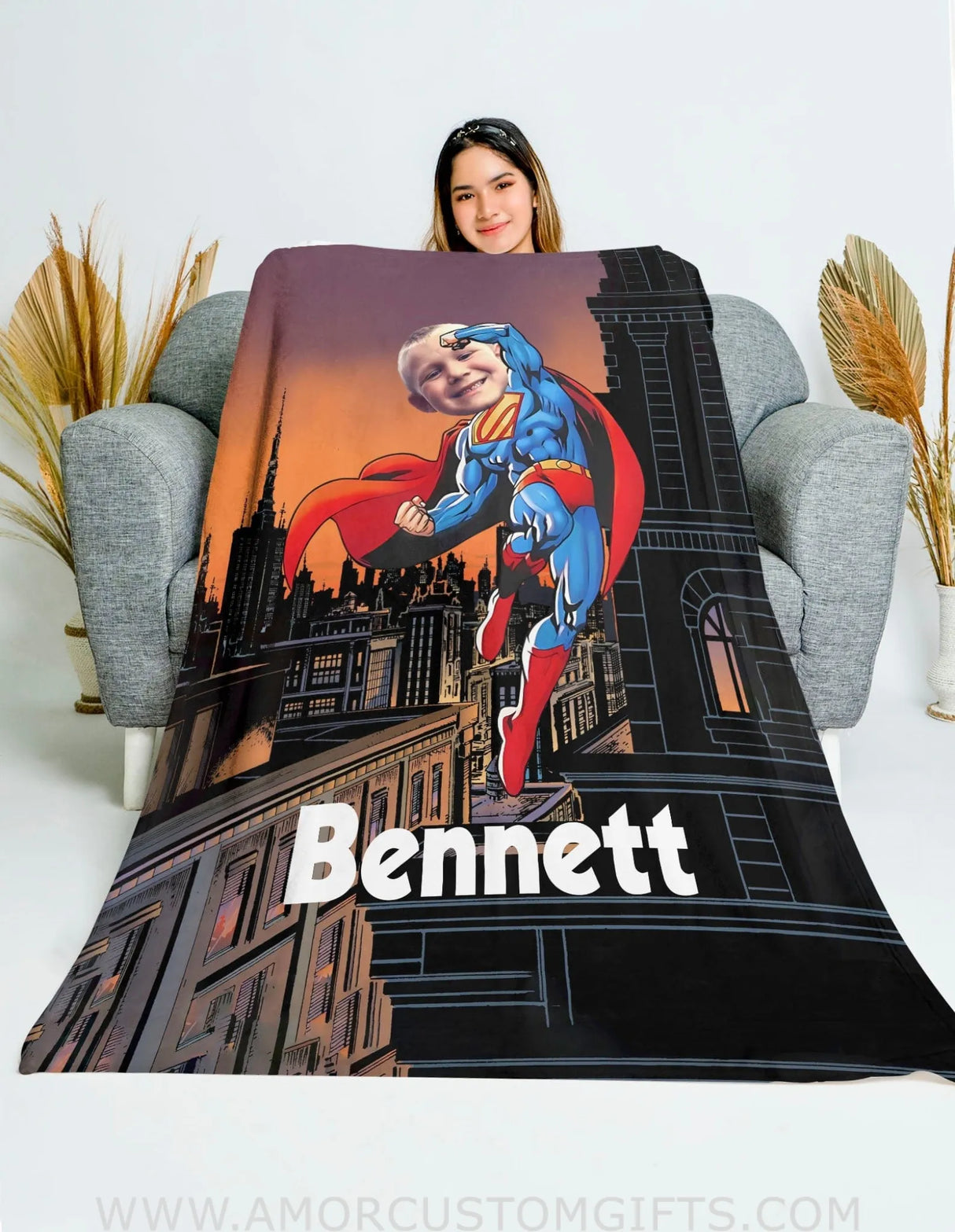 Blankets Personalized Superhero Super Boy 2 Blanket | Custom Face & Name Superhero Boy Blanket