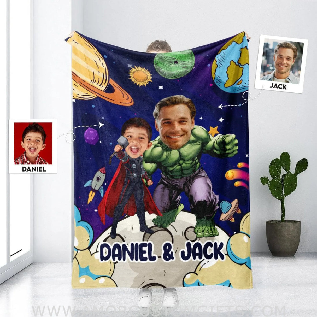 Blankets Personalized Superhero Thor And Superhero Green Monster Hero Father Son Blanket | Custom Face & Name Father&Son Blanket