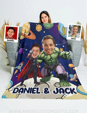 Blankets Personalized Superhero Thor And Superhero Green Monster Hero Father Son Blanket | Custom Face & Name Father&Son Blanket