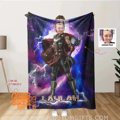 Blankets Personalized Superhero Thor Girl Blanket | Custom Face & Name Lady Thor Blanket