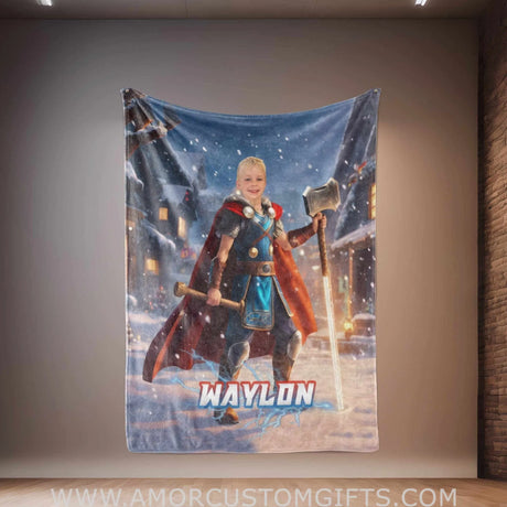 Blankets Personalized Superhero Thor In Winter Xmas Blanket | Custom Face & Name Superhero Boy Blanket