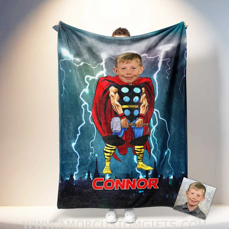 Blankets Personalized Superhero Thunder Thor 5 Boy Blanket | Custom Face & Name Blanket For Boys