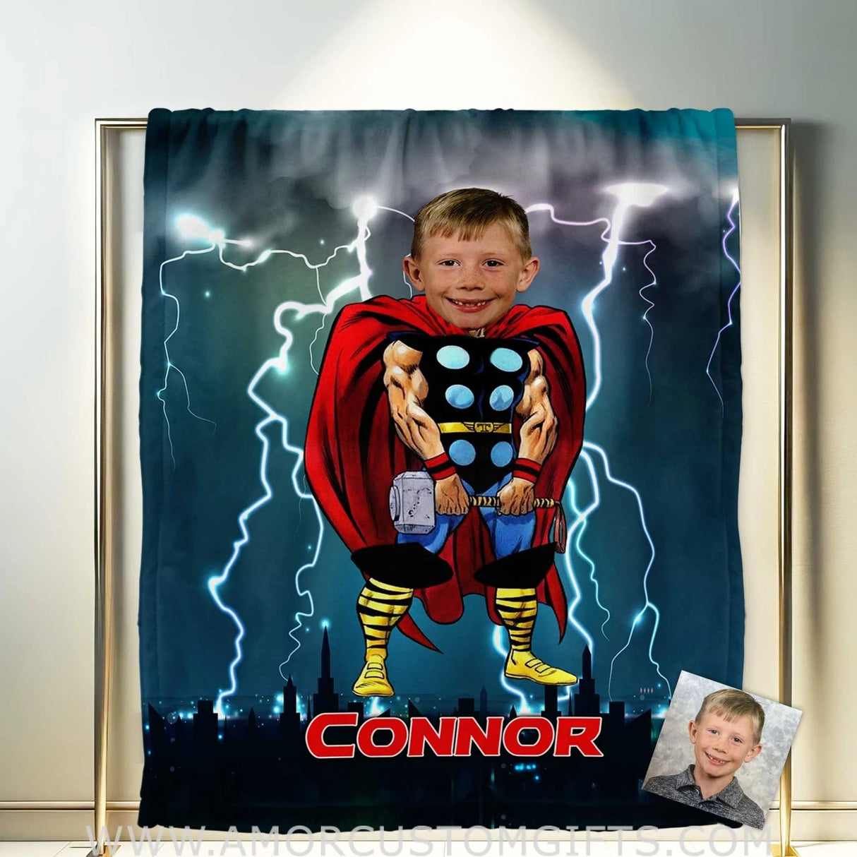Blankets Personalized Superhero Thunder Thor 5 Boy Blanket | Custom Face & Name Blanket For Boys