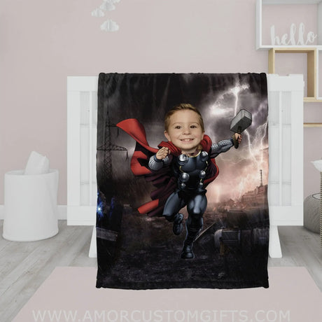 Blankets Personalized Superhero Thunder Thor 7 Boy Blanket | Custom Face & Name Blanket For Boys