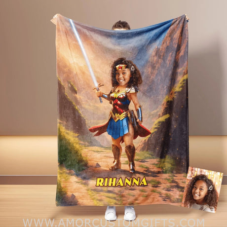 Blankets Personalized Superhero Wonder Girl 5 Blanket | Custom Face & Name Superhero Girl Blanket
