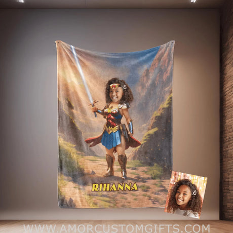 Blankets Personalized Superhero Wonder Girl 5 Blanket | Custom Face & Name Superhero Girl Blanket
