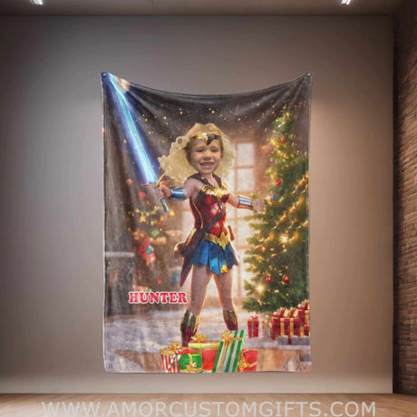 Blankets Personalized Superhero Wonder Girl Xmas Blanket | Custom Face & Name Superhero Girl Blanket