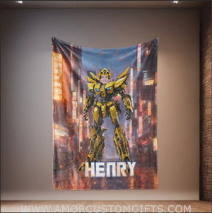 Blankets Personalized Superhero Yellow Robot Blanket | Custom Face & Name Superhero Boy Blanket