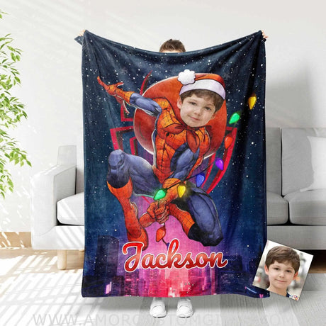 Blankets Personalized Superheroes Spider Boy Christmas Blanket | Custom Face & Name Superhero Blanket For Boys