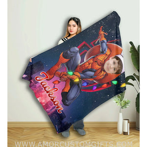 Blankets Personalized Superheroes Spider Boy Christmas Blanket | Custom Face & Name Superhero Blanket For Boys