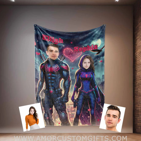 Blankets Personalized Superheroes Spiderman Couple 1 Blanket | Custom Face & Name Couple Blanket