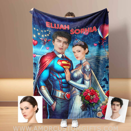 Blankets Personalized Superheroes Superman Couple 3 Blanket | Custom Face & Name Couple Blanket