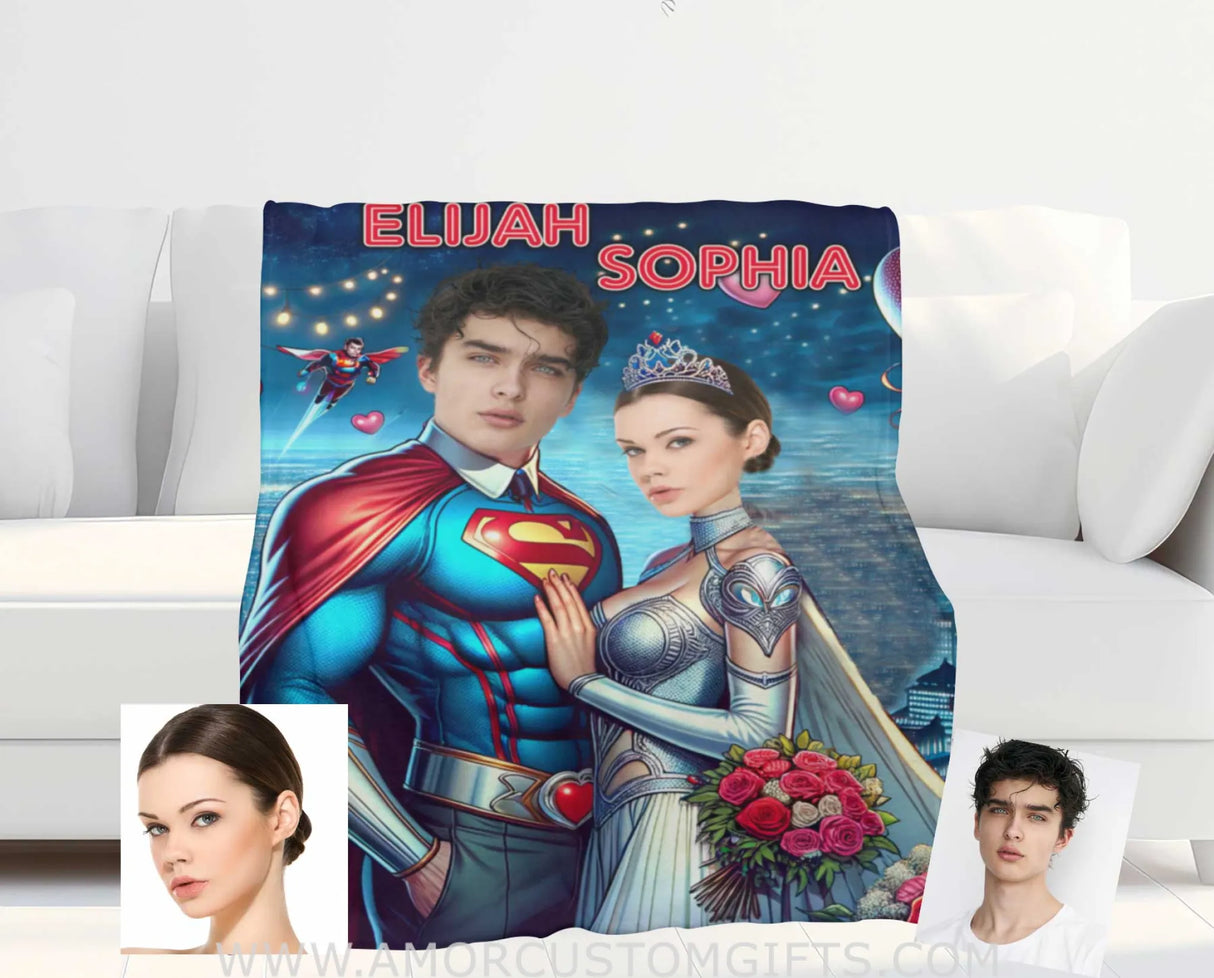 Blankets Personalized Superheroes Superman Couple 3 Blanket | Custom Face & Name Couple Blanket