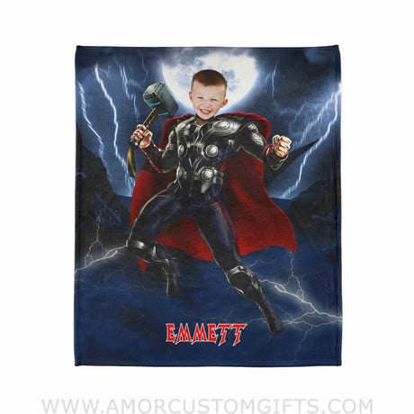 Blankets Personalized Thor Superhero Blanket | Custom Face & Name Thunder God Blanket