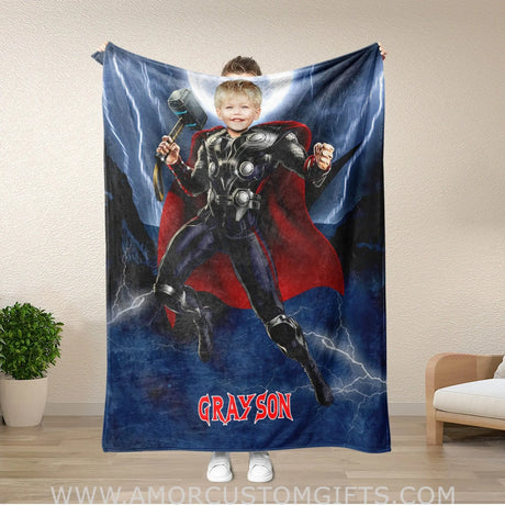 Blankets Personalized Thor Superhero Blanket | Custom Face & Name Thunder God Blanket