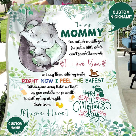 Blanket Personalized To My Mom Message Blanket, Cute Baby Elephant Blanket, 1st Mother's Day Blanket Gift