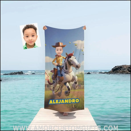 Towels Personalized Toy Woody Cowboy Riding Horse Beach Towel | Customized Name & Face Boy Towel