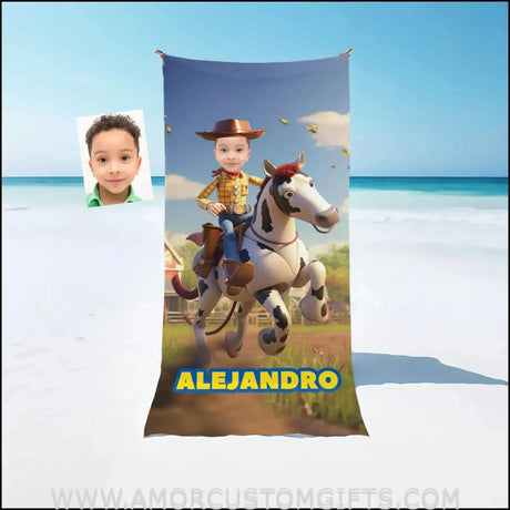 Towels Personalized Toy Woody Cowboy Riding Horse Beach Towel | Customized Name & Face Boy Towel