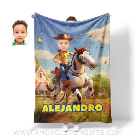Blankets Personalized Toy Woody Cowboy Riding Horse Blanket | Custom Face & Name Boy Blanket
