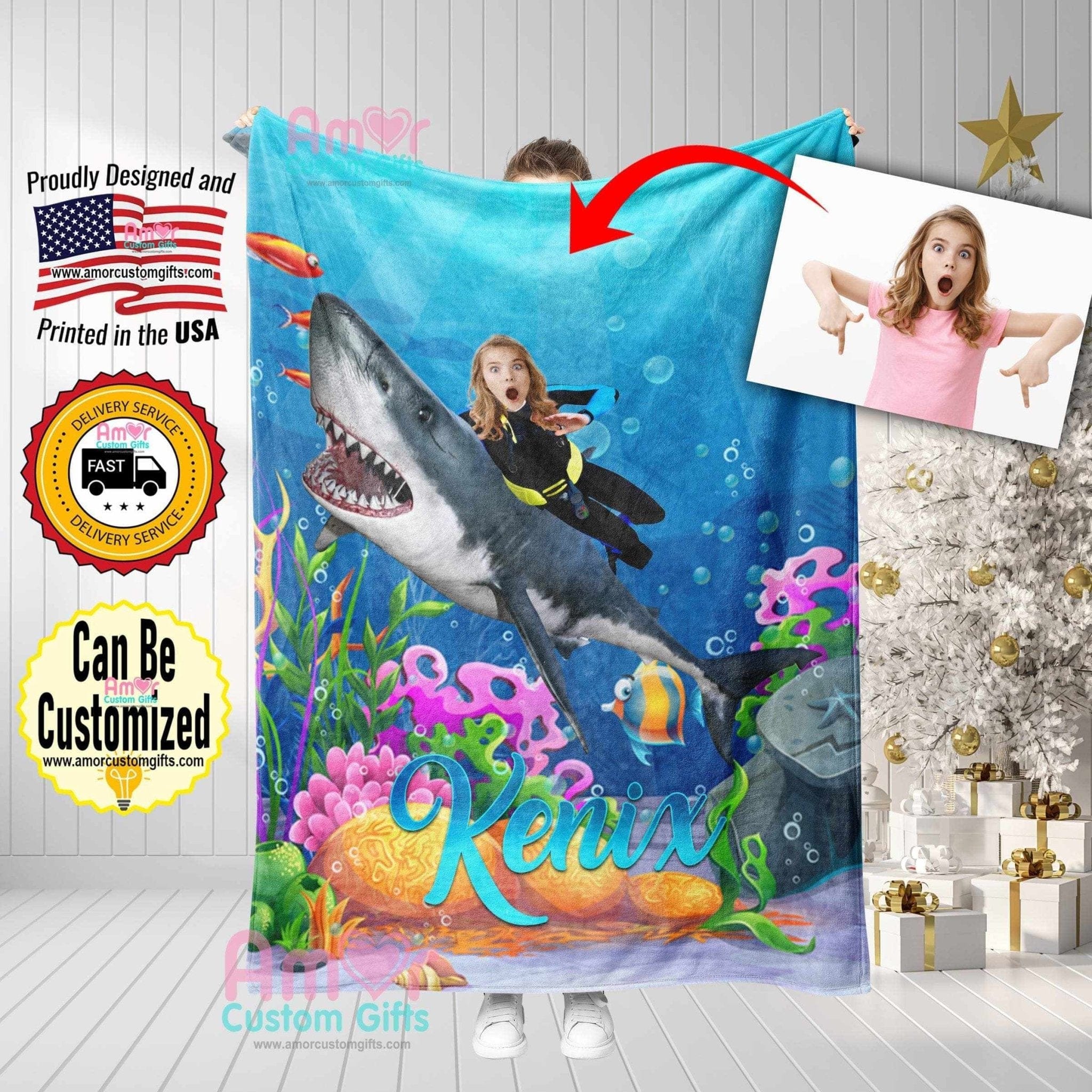 Personalized Under The Sea Girl Riding A Shark Blanket | Custom Face & Name  Girl Shark Blanket, Customized Blanket