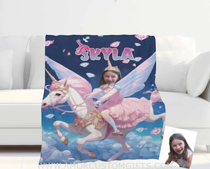 Blankets Personalized Unicorn Girl 1 Photo Blanket | Custom Name & Face Girl Princess Blanket