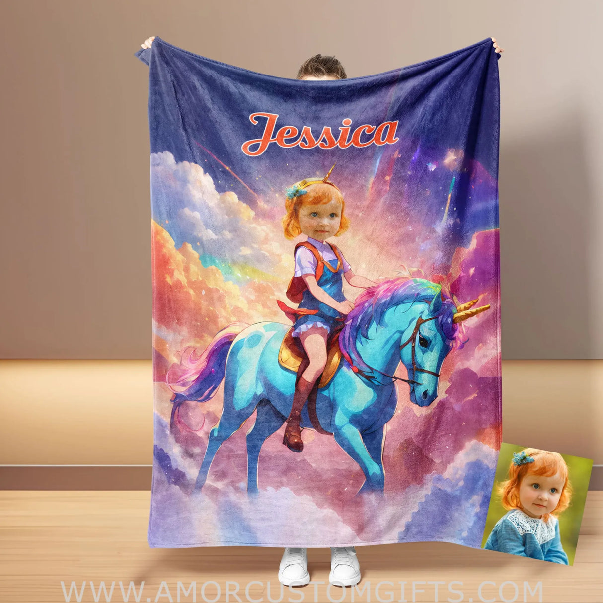 Blankets Personalized Unicorn Girl 3 Colorful Sunset Photo Blanket | Custom Name & Face Girl Princess Blanket