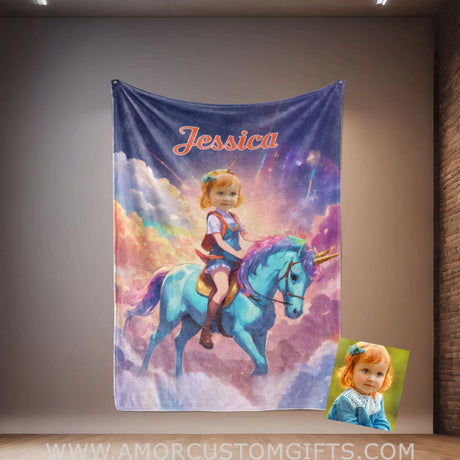 Blankets Personalized Unicorn Girl 3 Colorful Sunset Photo Blanket | Custom Name & Face Girl Princess Blanket