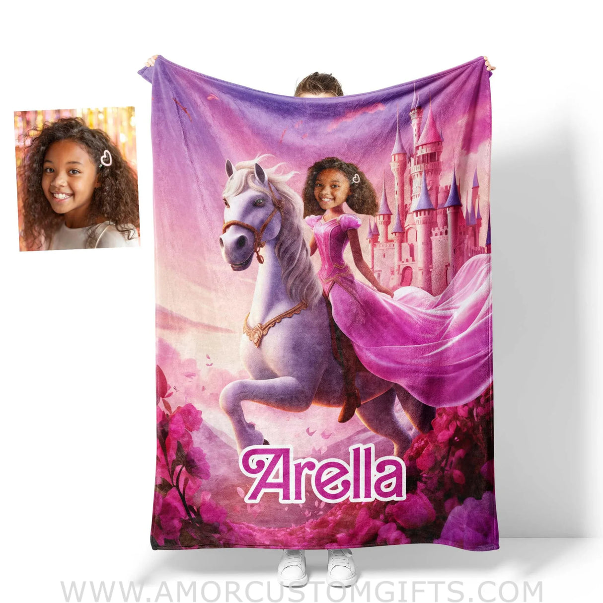 Blankets Personalized Unicorn Girl Brown Barbi Princess In Pink Blanket | Custom Name & Face Girl Blanket