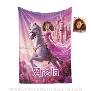 Blankets Personalized Unicorn Girl Brown Barbi Princess In Pink Blanket | Custom Name & Face Girl Blanket