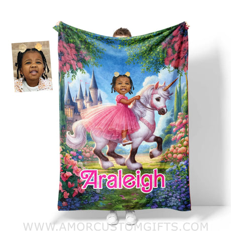 Blankets Personalized Unicorn Girl Photo Blanket | Customized Brown Barbie Girl In Pink Blanket