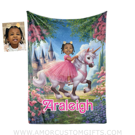 Blankets Personalized Unicorn Girl Photo Blanket | Customized Brown Barbie Girl In Pink Blanket