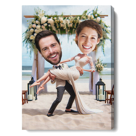 Posters, Prints, & Visual Artwork Personalized Valentine Couple Cartoon Portrait Wedding At The Beach - Custom Photo & Name Poster Canvas Print