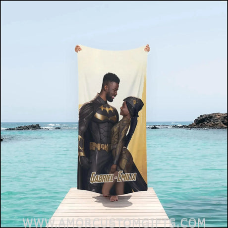 Towels Personalized Valentine Day's African Hispanic Superhero Couple Beach Towel | Customized Bat-themed Pool Towel