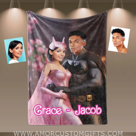 Blankets Personalized Valentine Day's Batman Barbi 2 Blanket | Custom Face & Name Couple Blanket