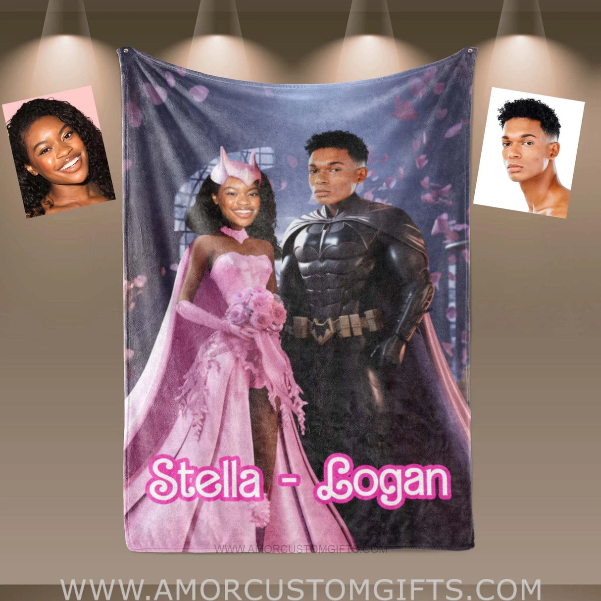 Blankets Personalized Valentine Day's Batman Barbi Blanket | Custom Face & Name Couple Blanket