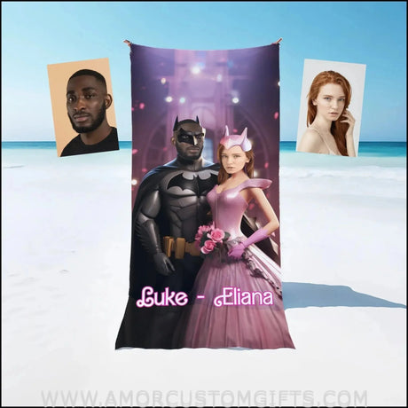 Towels Personalized Valentine's Day Batman Barbie Inspired 3 Beach Towel | Customized Superhero Theme Pool Towel