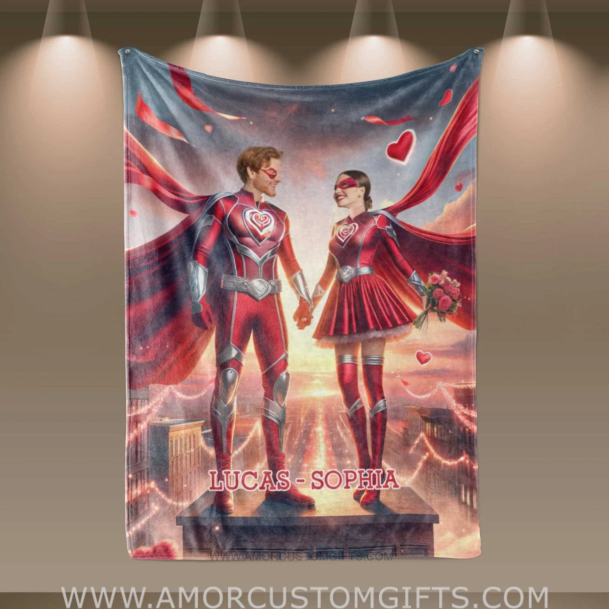 Blankets Personalized Valentine's Day Red Superhero Couple Blanket | Custom Face & Name Couple Blanket