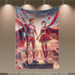 Blankets Personalized Valentine's Day Red Superhero Couple Blanket | Custom Face & Name Couple Blanket