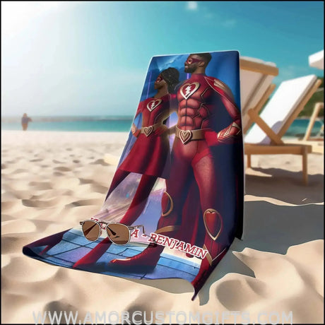 Towels Personalized Valentine's Day Red Superhero Flash Couple In Vivid City Beach Towel | Customized Superhero Theme Pool Towel