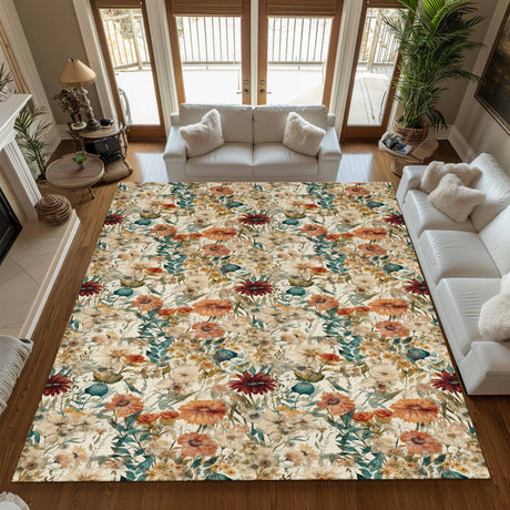 Mats & Rugs Personalized Vintage Floral Beige Earthy Botanical Rug | Pattern Checker Thin Area Rug , Floormat