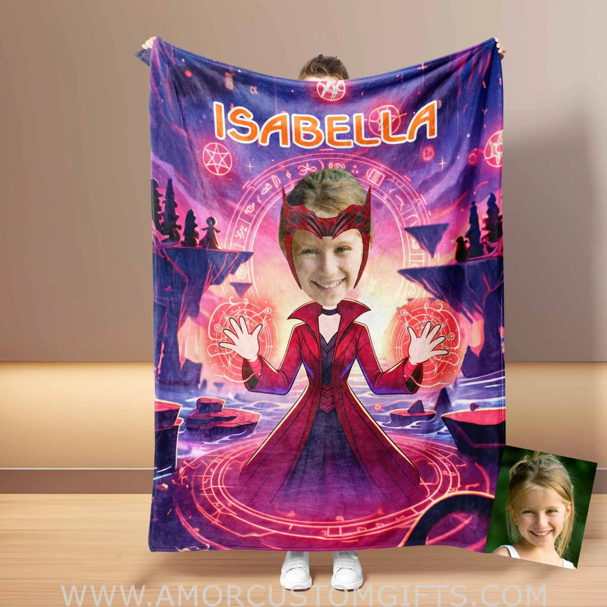 Blankets Personalized Witch Girl Wanda 2 Photo Blanket | Custom Face & Name Blanket For Girls
