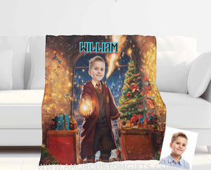 Blankets Personalized Wizard Boy 3 Xmas Blanket | Custom Face & Name Blanket For Boys