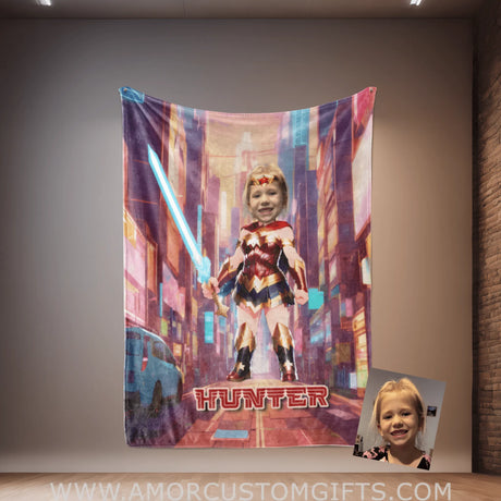 Blankets Personalized Wonder Girl 4 Photo Blanket | Custom Face & Name Superhero Girl Blanket